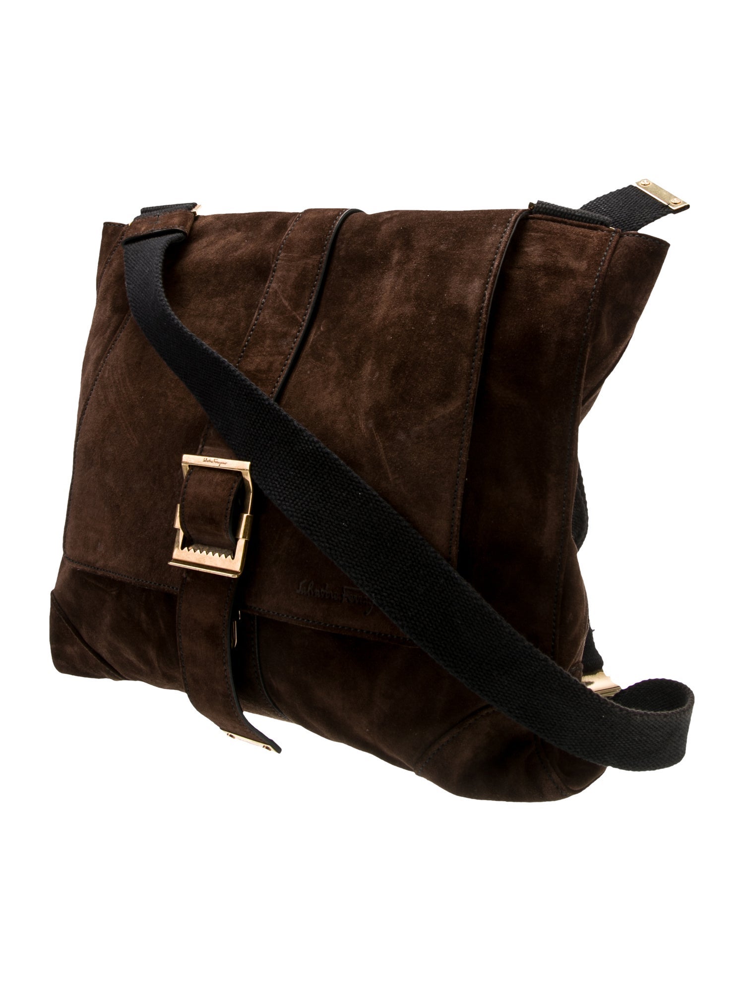 Salvatore Ferragamo Shoulder Bag Brown Suede Gold-Tone