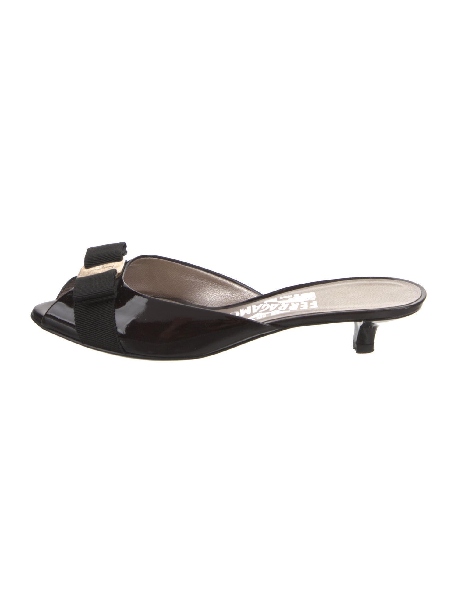 Salvatore Ferragamo Patent Leather Bow Accents Slides