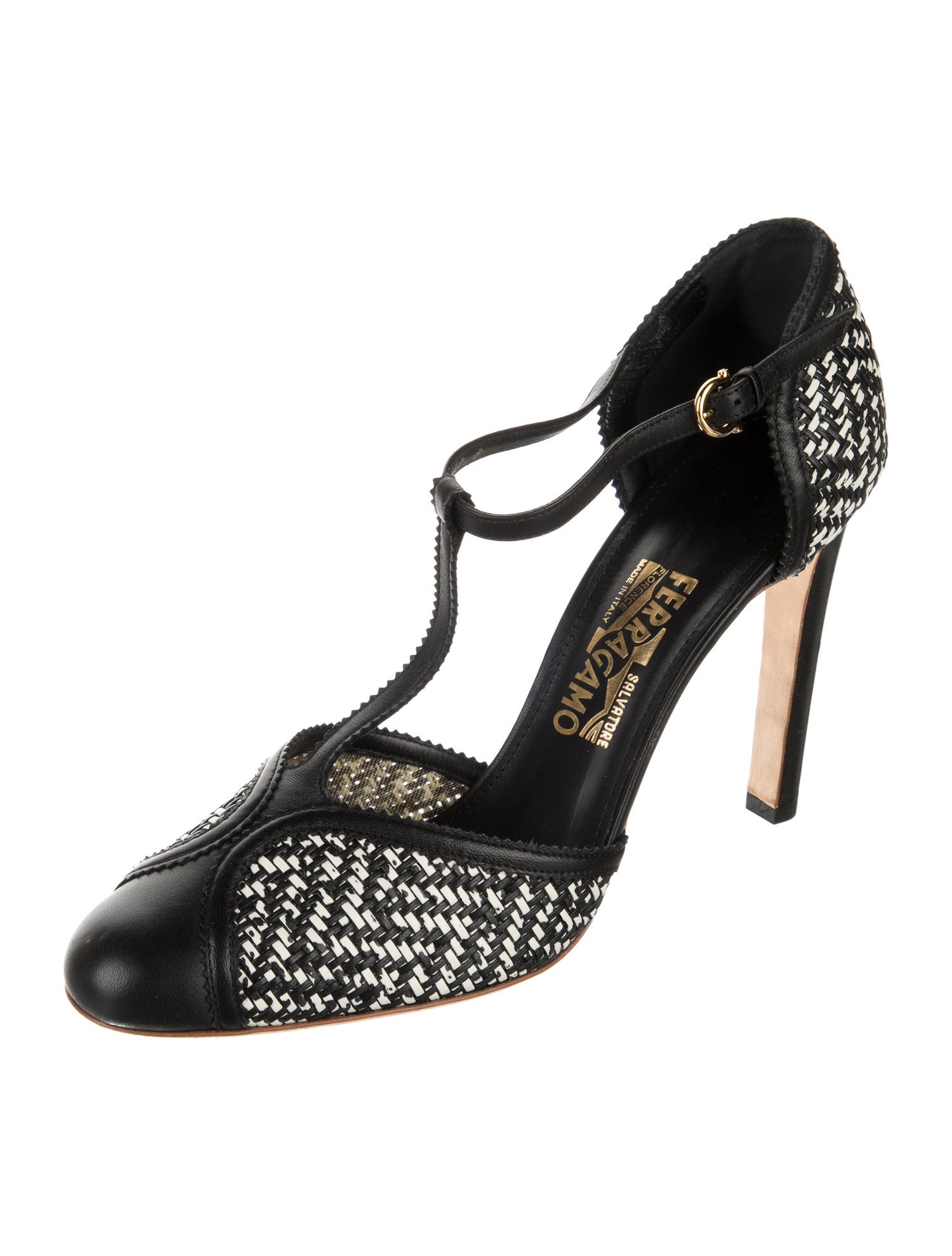 Salvatore Ferragamo Leather Printed T-Strap Pumps