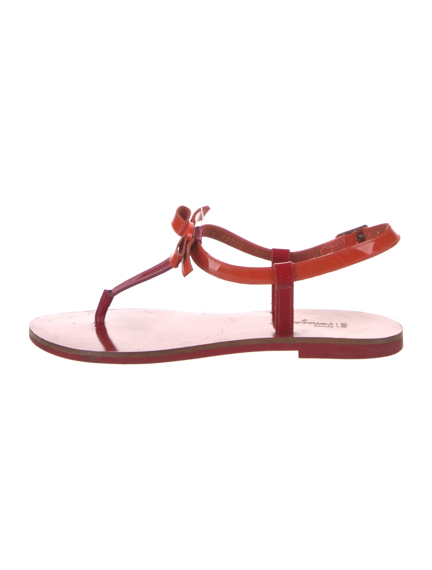 Salvatore Ferragamo Patent Leather Bow Accents T-Strap Sandals