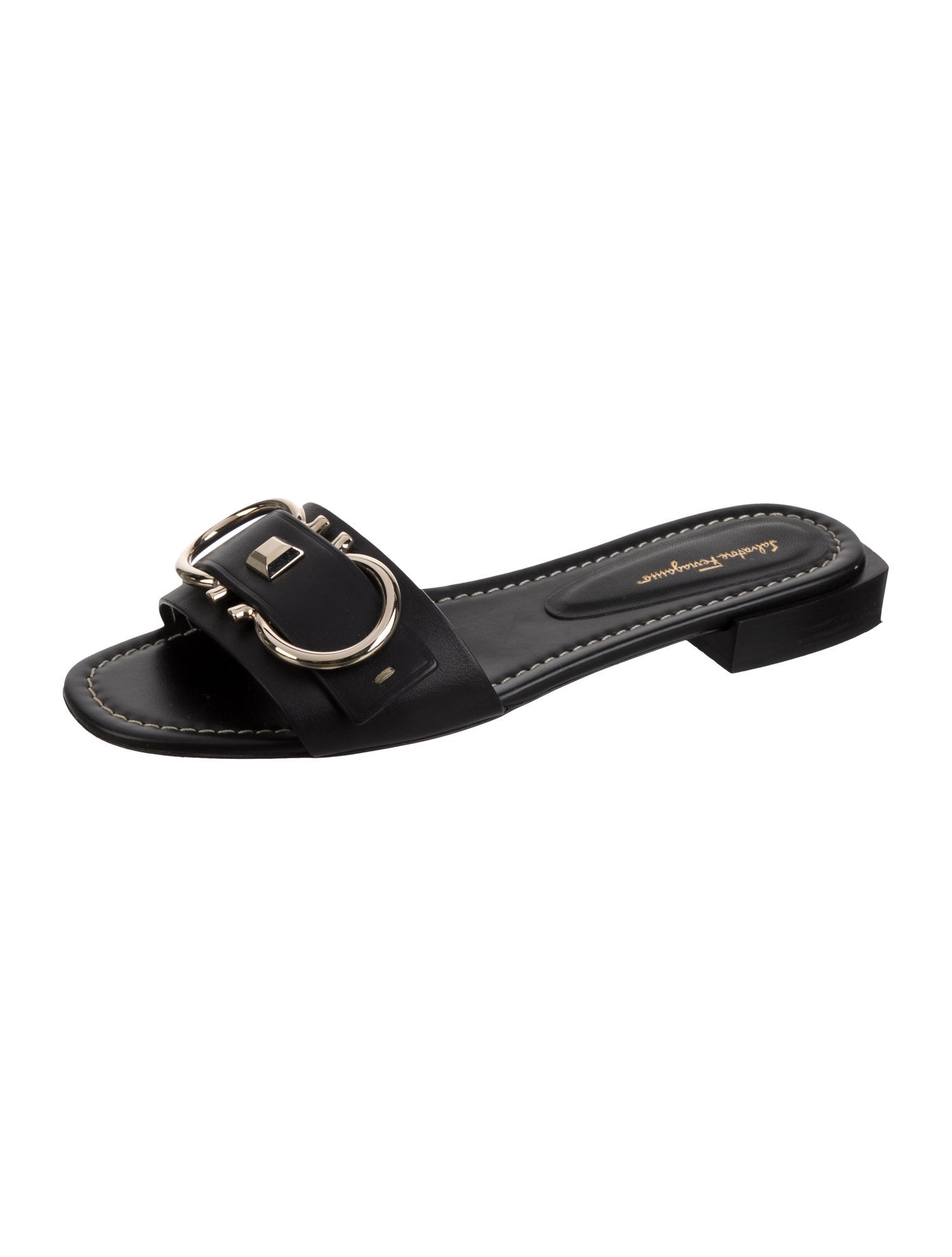Salvatore Ferragamo Gancini Logo Leather Slides