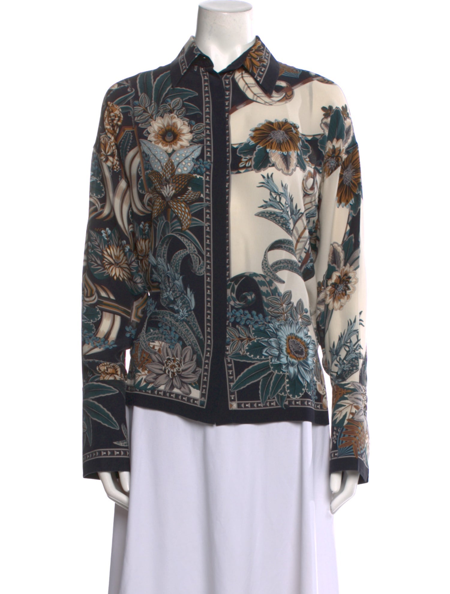 Salvatore Ferragamo Silk Floral Print Button-Up Top