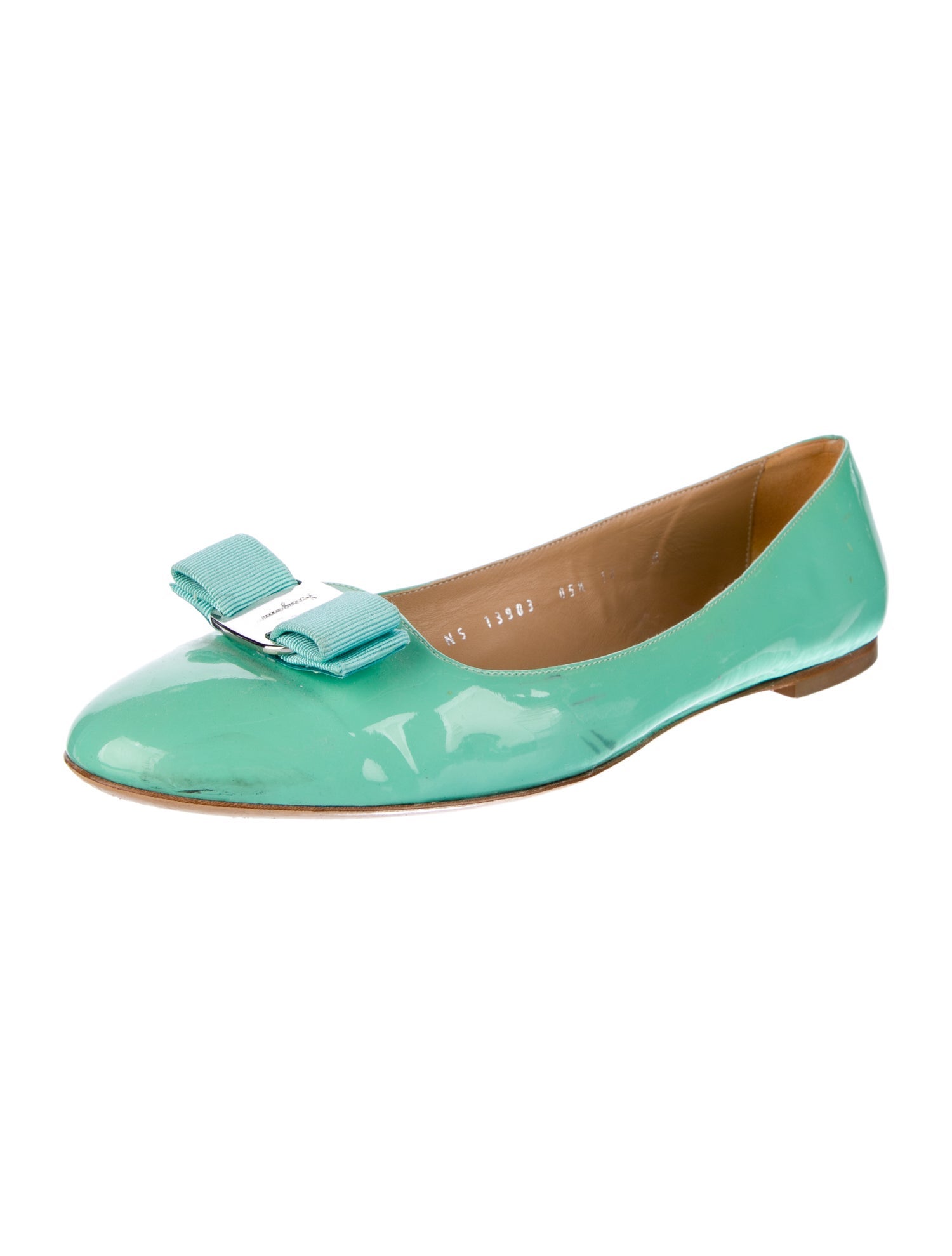Salvatore Ferragamo Patent Leather Bow Accents Ballet Flats