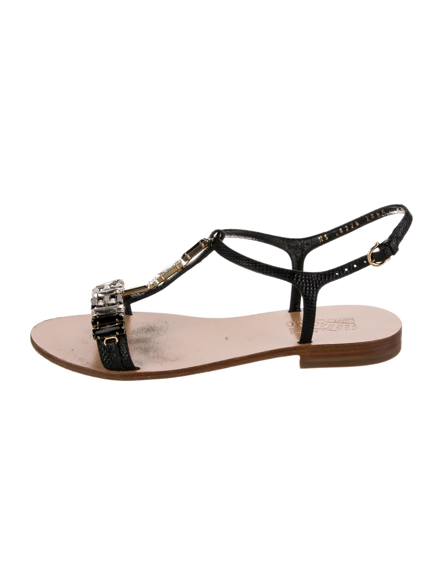 Salvatore Ferragamo Embossed Leather Crystal Embellishments T-Strap Sandals