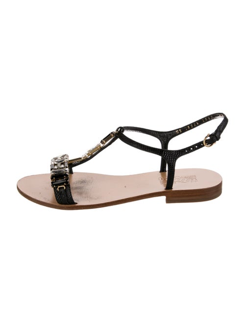 Salvatore Ferragamo Embossed Leather Crystal Embellishments T-Strap Sandals