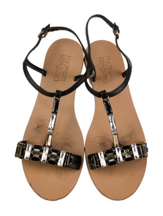 Salvatore Ferragamo Embossed Leather Crystal Embellishments T-Strap Sandals