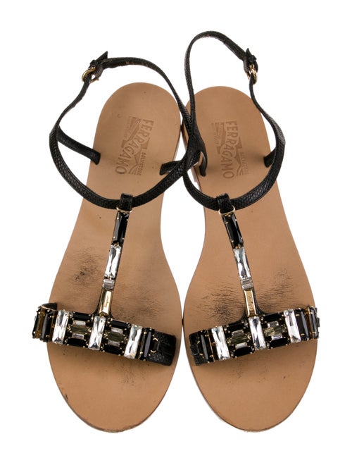 Salvatore Ferragamo Embossed Leather Crystal Embellishments T-Strap Sandals