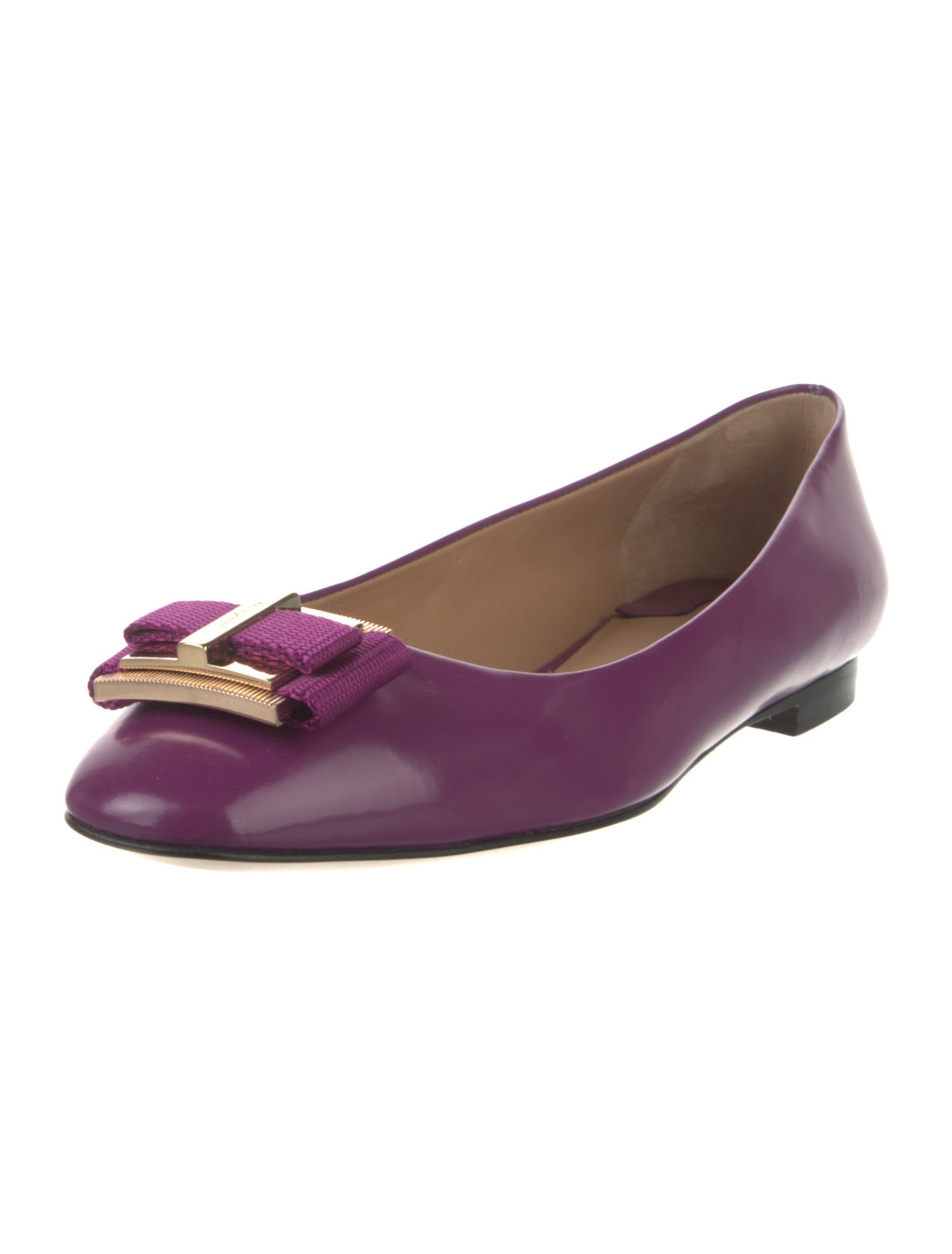Salvatore Ferragamo Patent Leather Bow Accents Ballet Flats