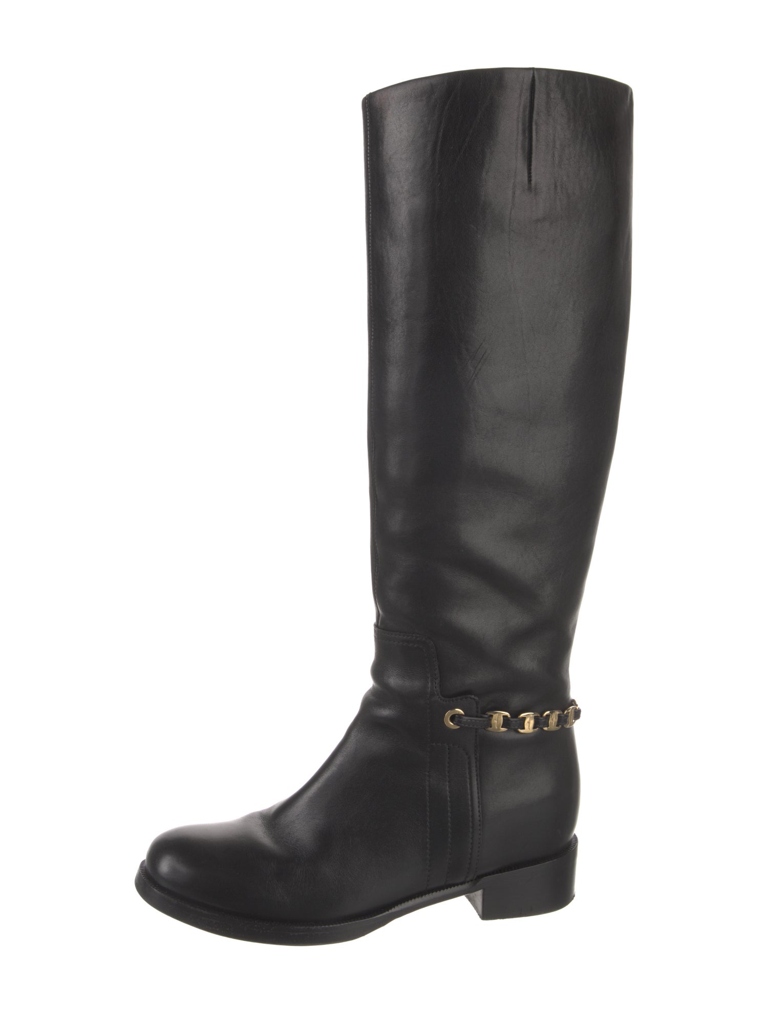 Salvatore Ferragamo Leather Chain-Link Accents Riding Boots