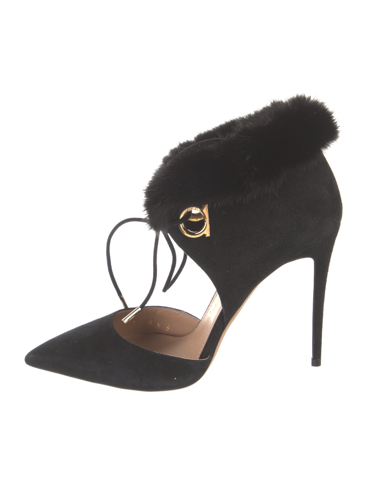 Salvatore Ferragamo Suede Fur Trim D'Orsay Pumps