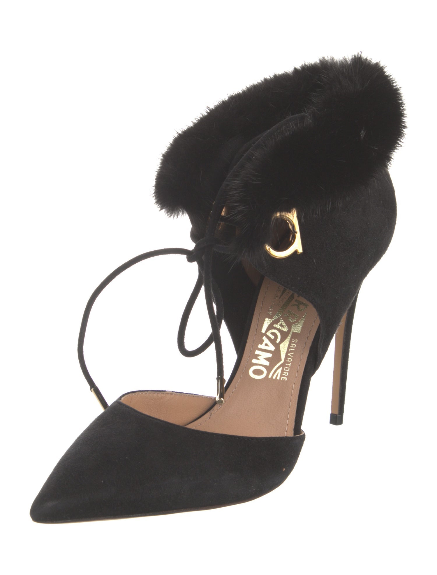 Salvatore Ferragamo Suede Fur Trim D'Orsay Pumps