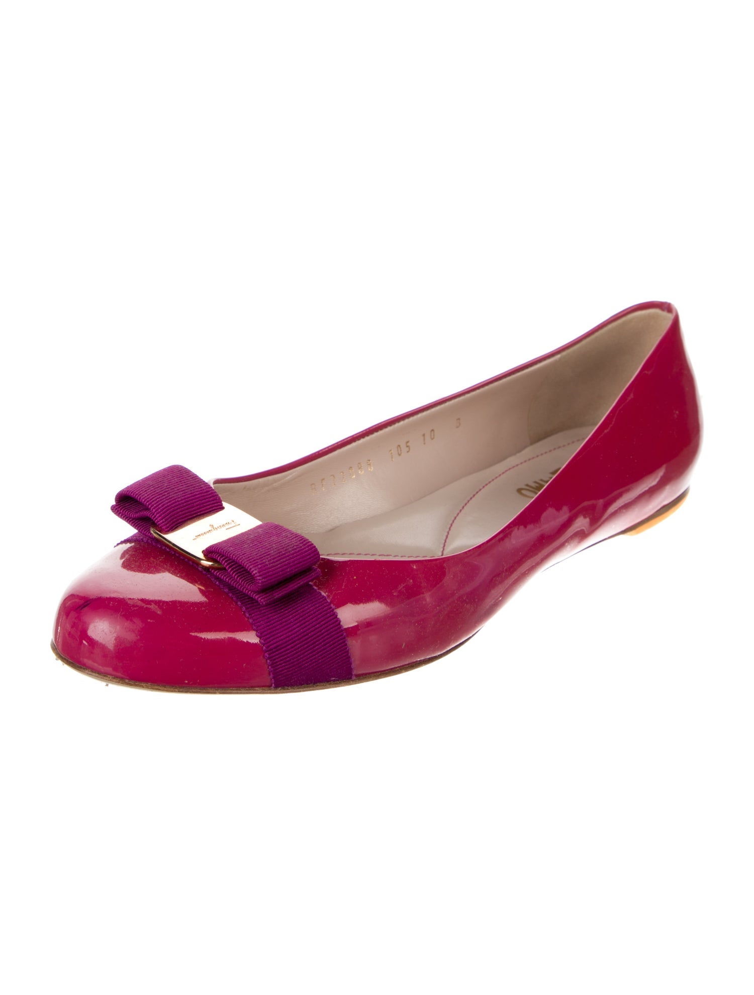 Salvatore Ferragamo Patent Leather Bow Accents Ballet Flats