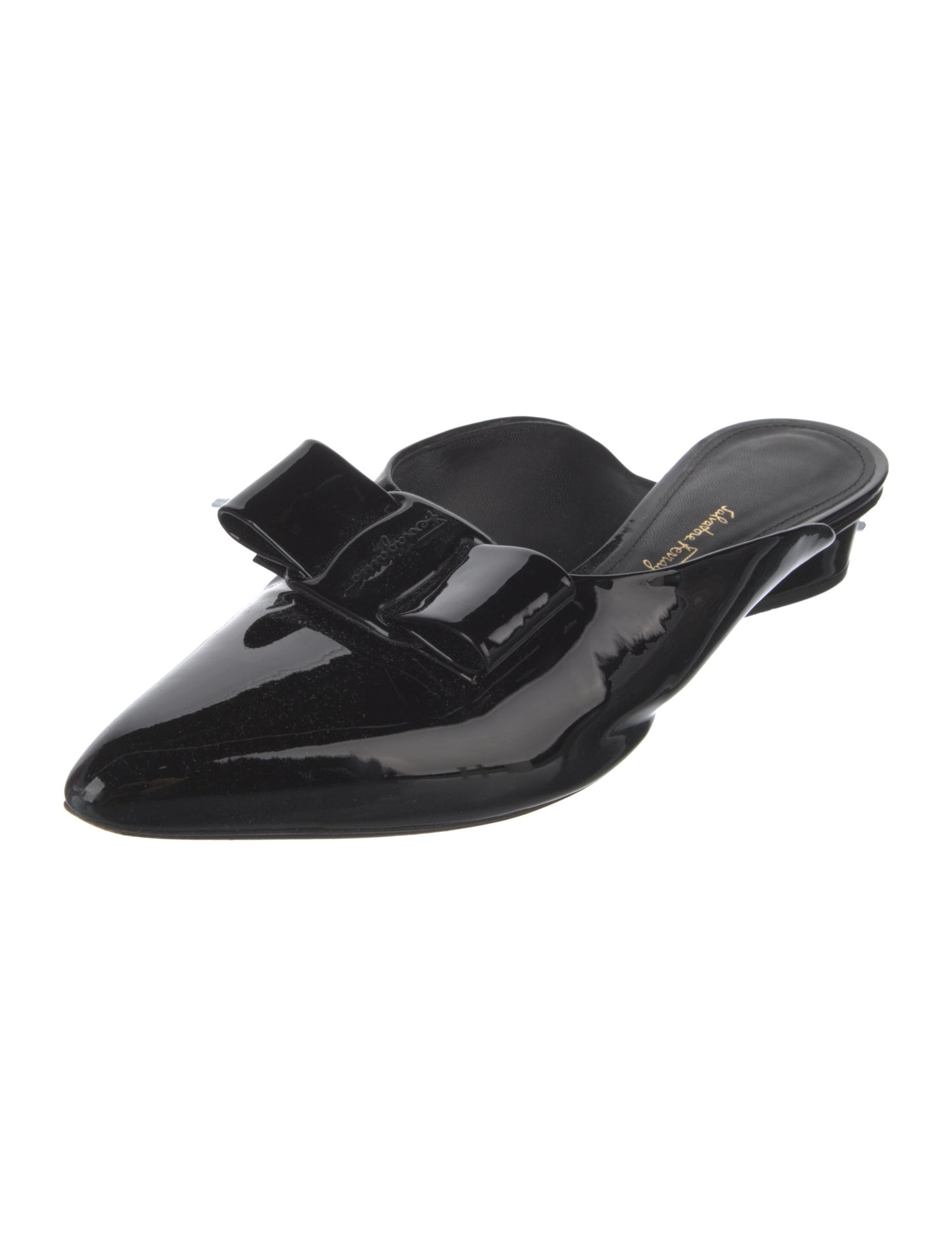 Salvatore Ferragamo Patent Leather Bow Accents Mules