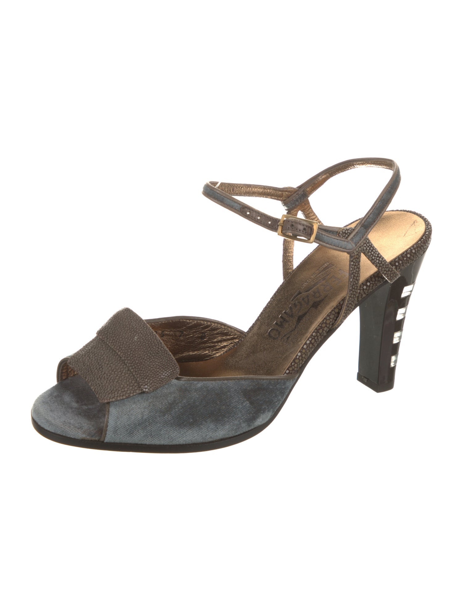 Salvatore Ferragamo Velvet Leather Trim Embellishment Slingback Sandals