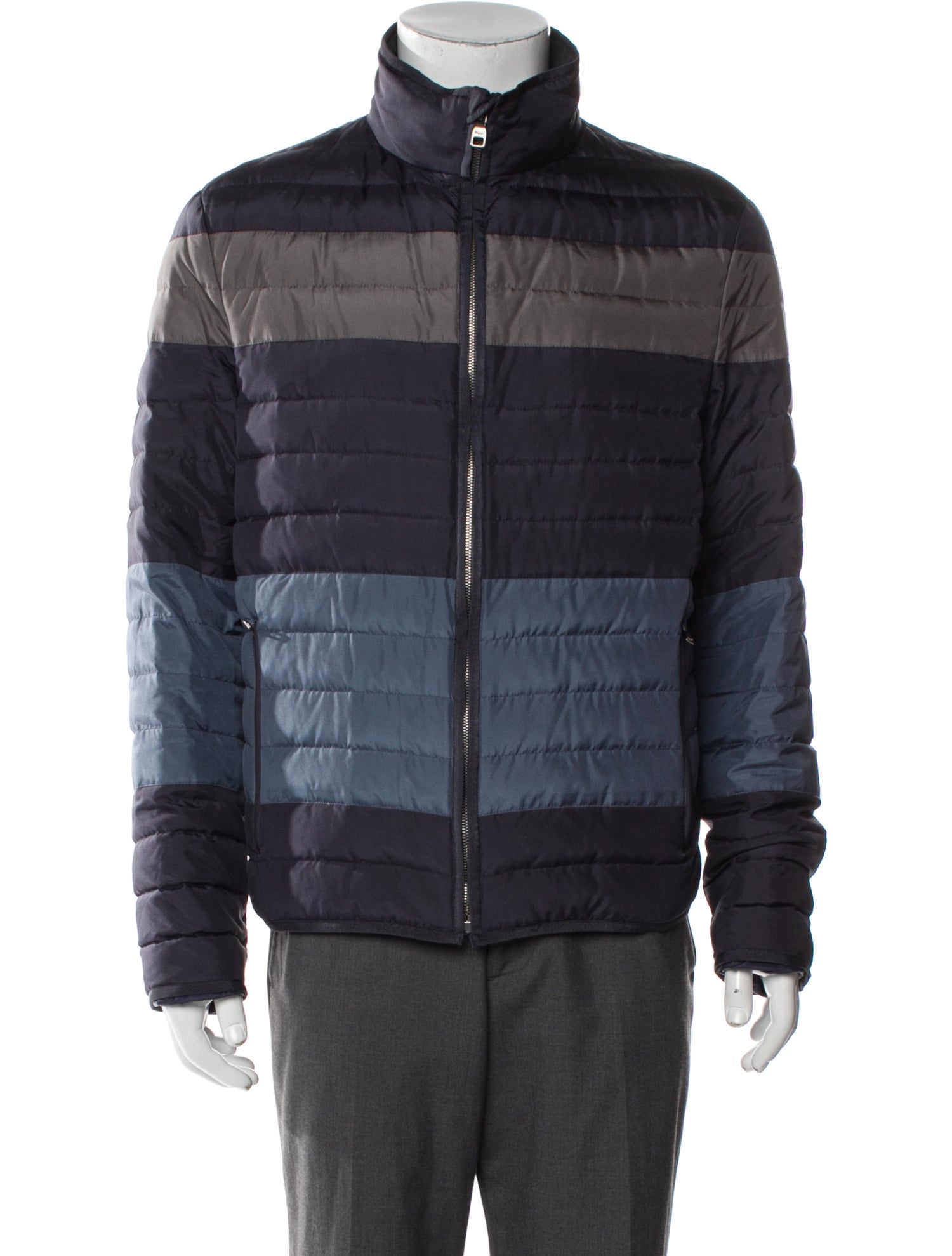 Salvatore Ferragamo Silk Colorblock Pattern Puffer Coat