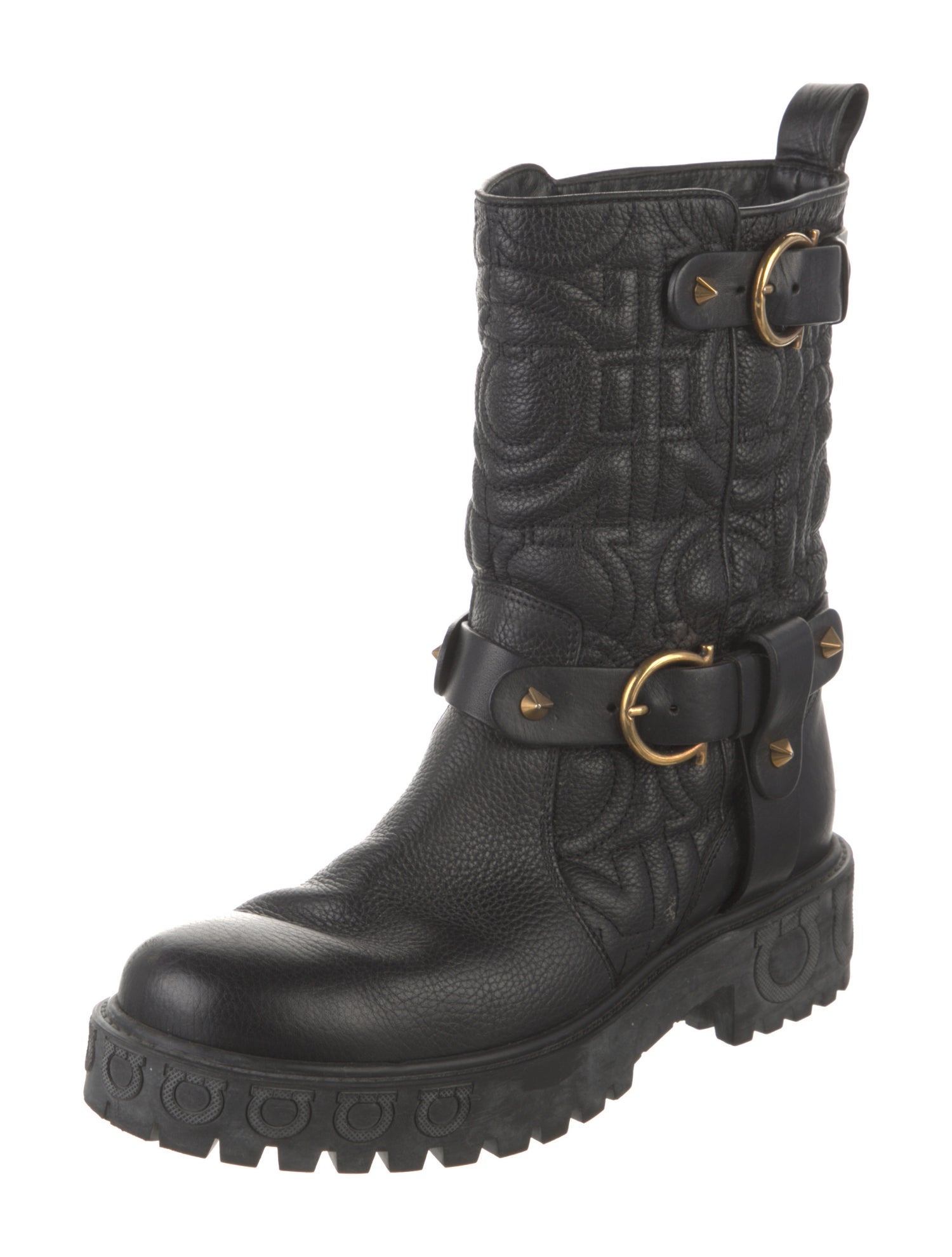 Salvatore Ferragamo Leather Studded Accents Moto Boots