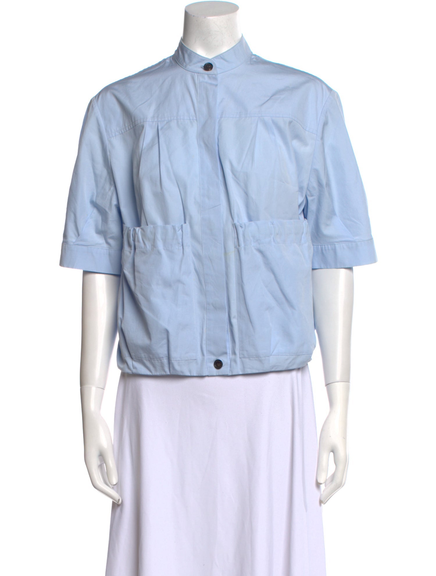 Salvatore Ferragamo Mock Neck Short Sleeve Button-Up Top