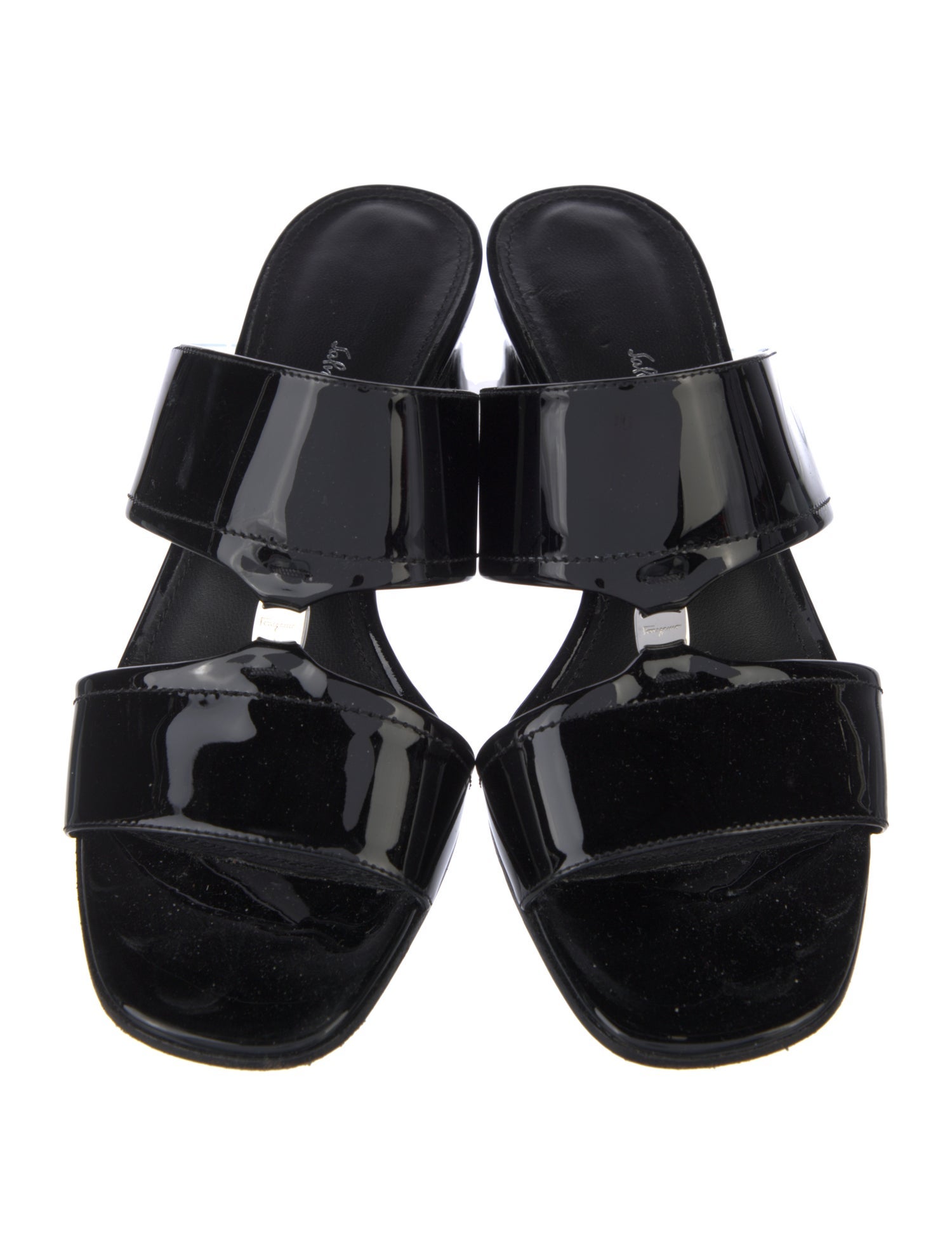 Salvatore Ferragamo Patent Leather Bow Accents Slides