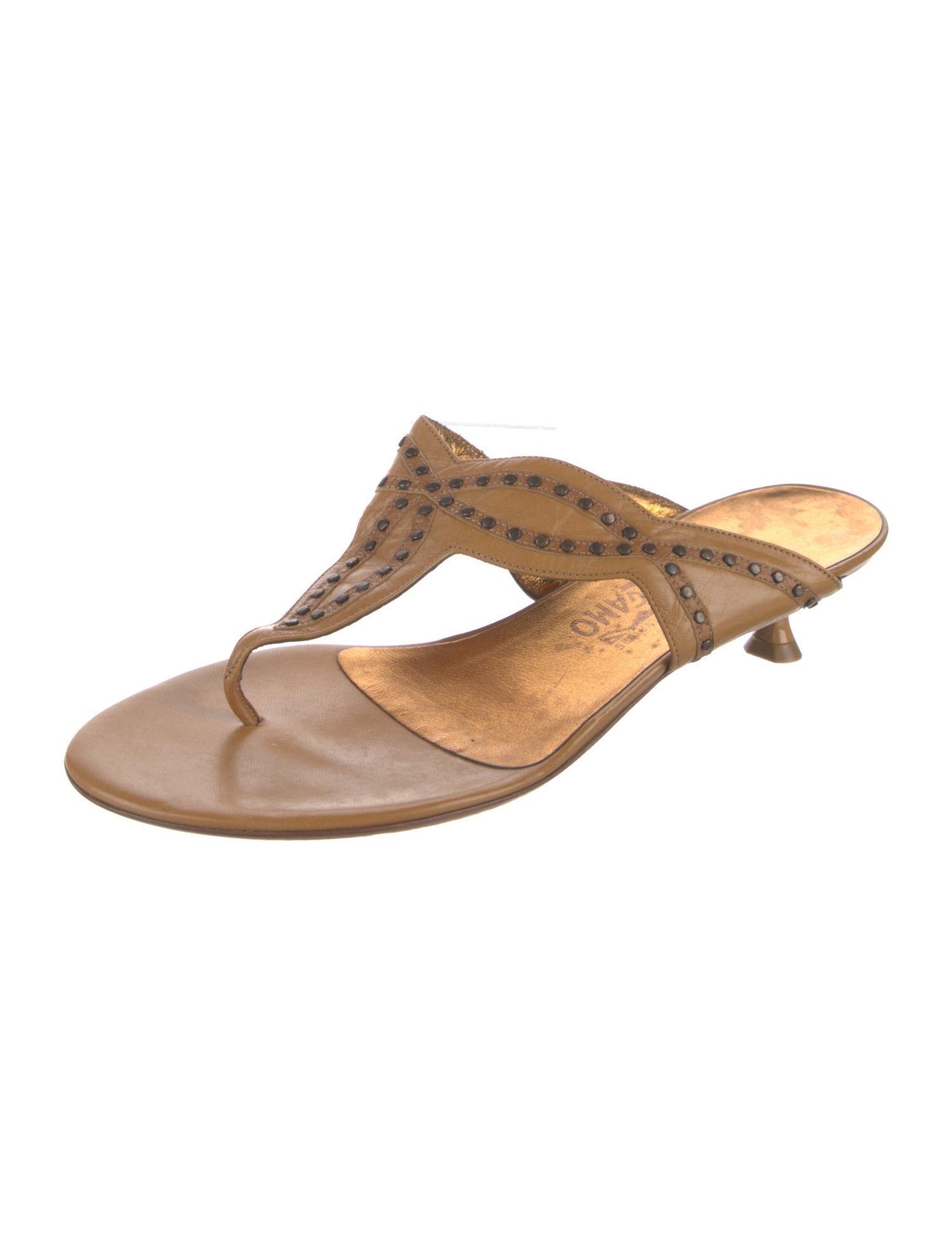 Salvatore Ferragamo Leather Studded Accents Flip Flops