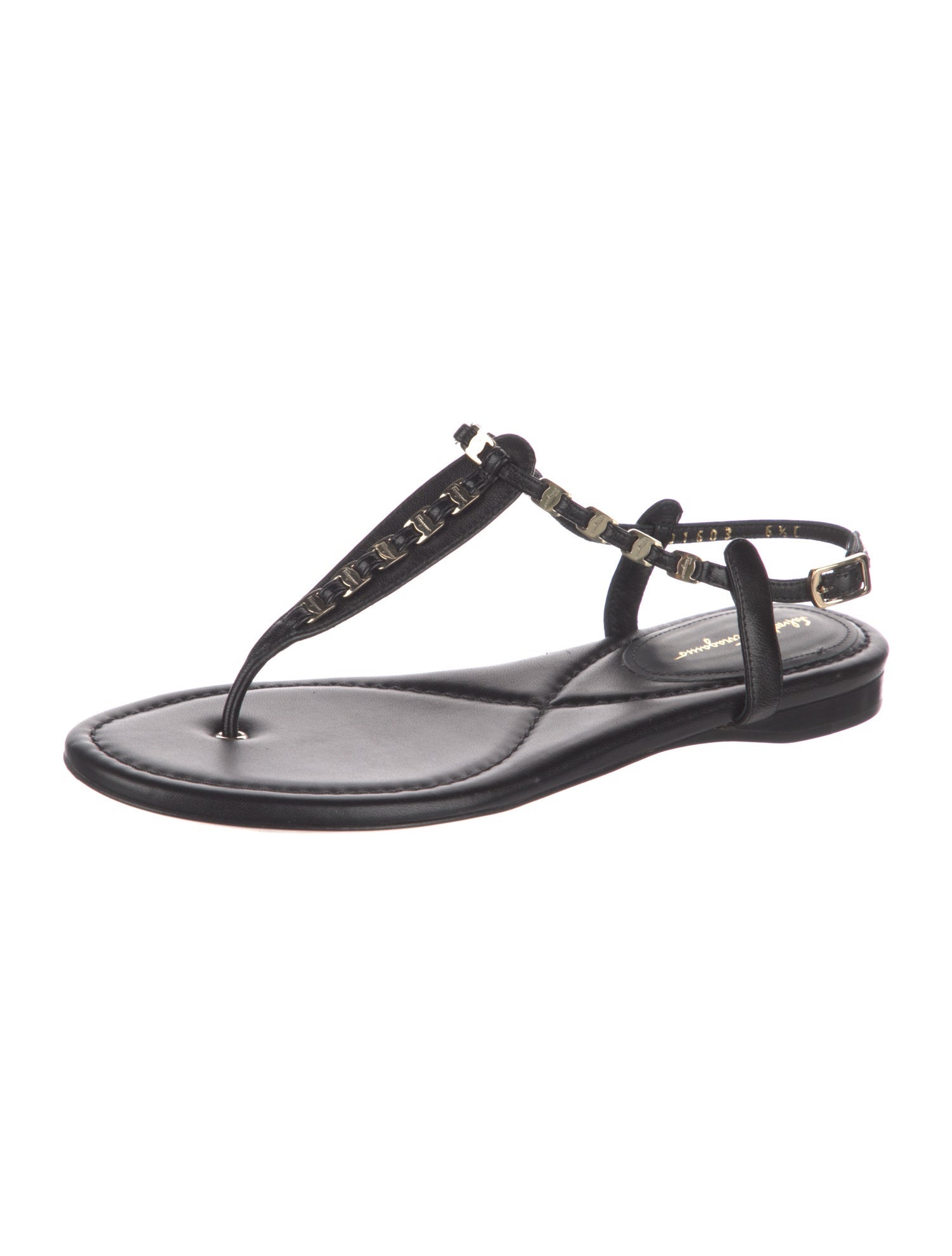 Salvatore Ferragamo Leather Chain-Link Accents T-Strap Sandals
