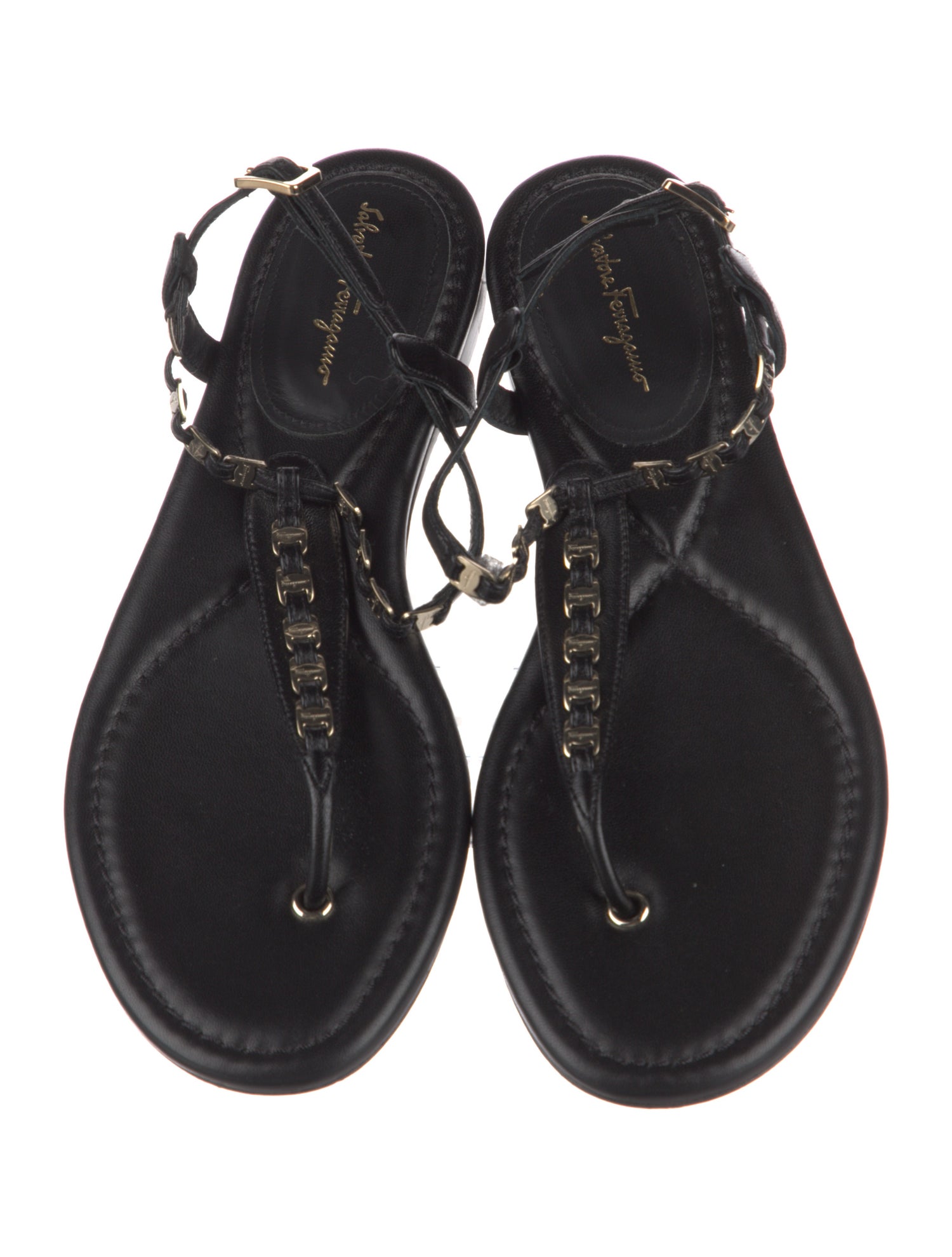 Salvatore Ferragamo Leather Chain-Link Accents T-Strap Sandals