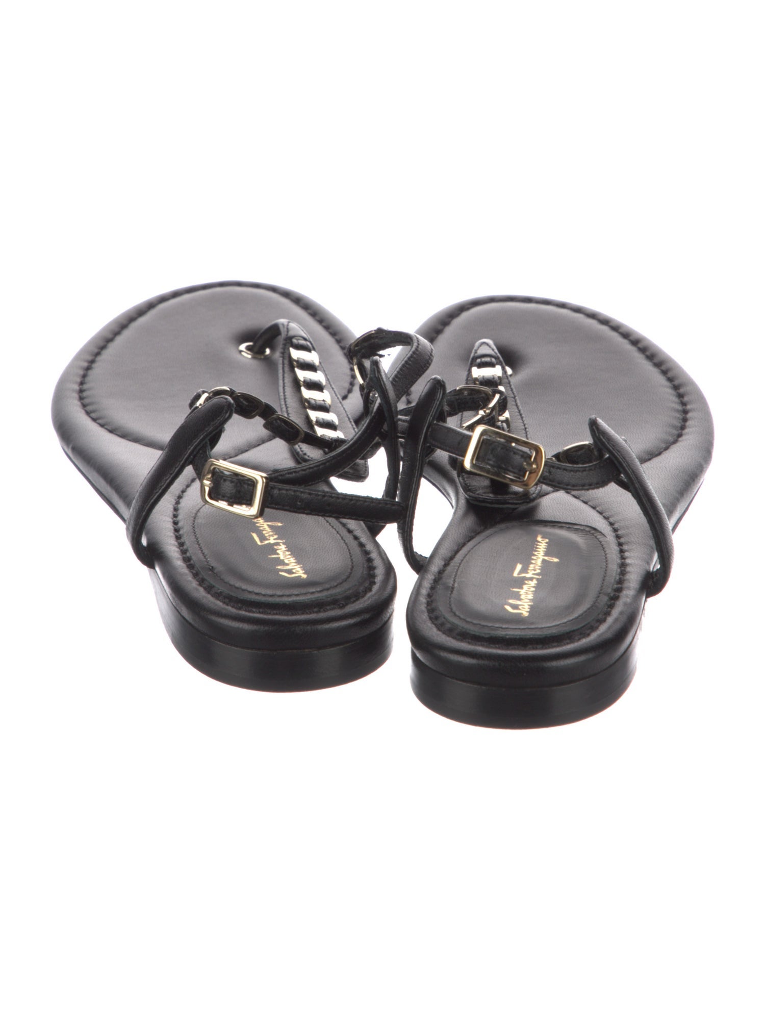 Salvatore Ferragamo Leather Chain-Link Accents T-Strap Sandals