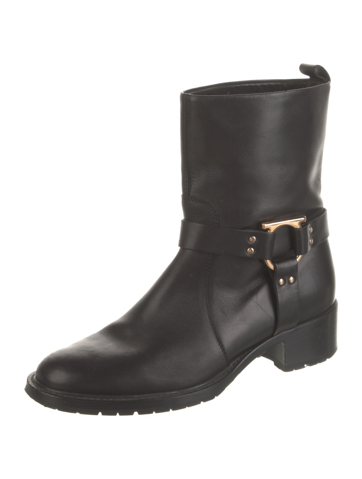 Salvatore Ferragamo Leather Studded Accents Moto Boots