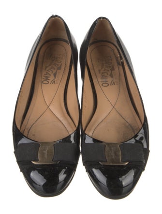 Salvatore Ferragamo Patent Leather Bow Accents Ballet Flats