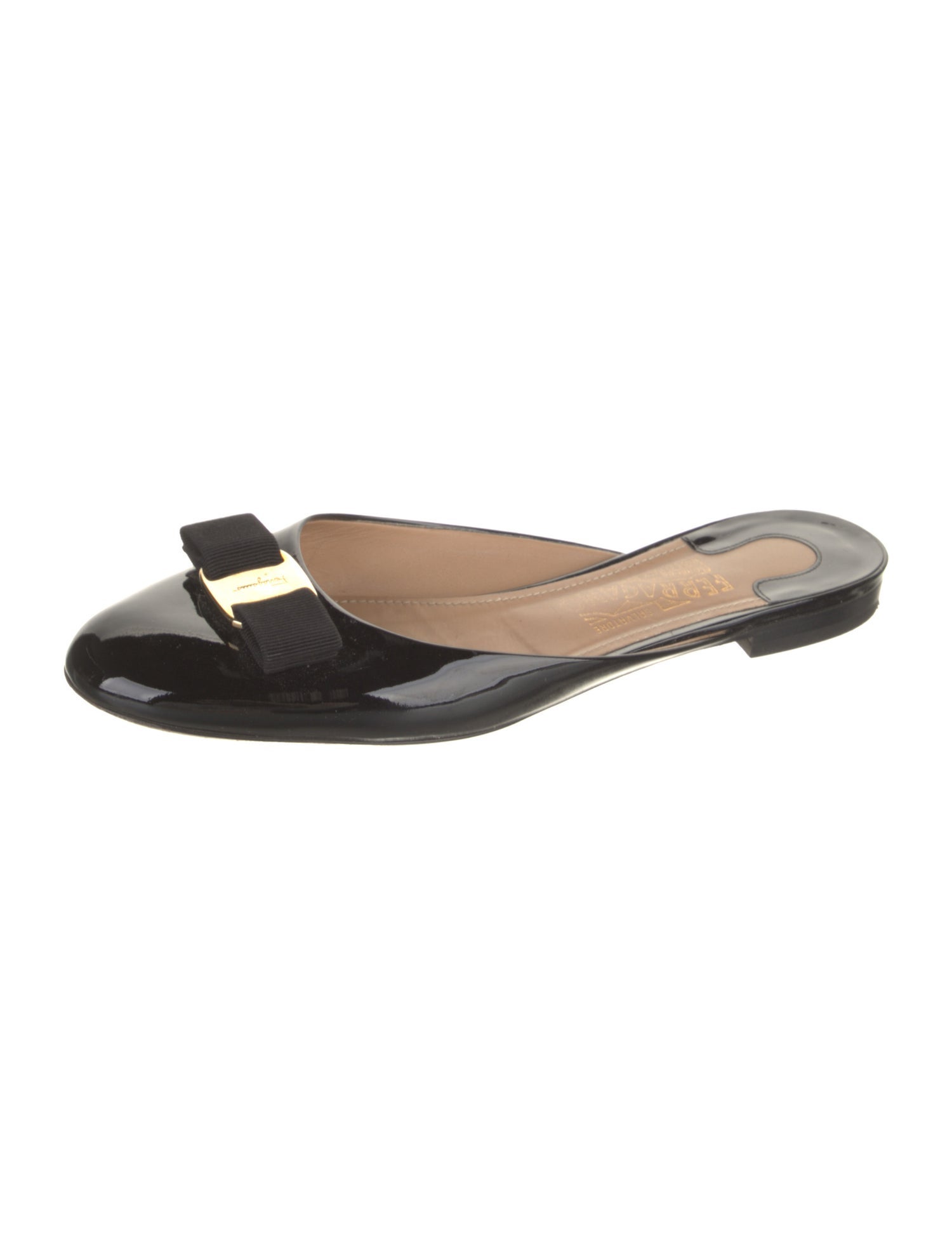 Salvatore Ferragamo Patent Leather Bow Accents Mules