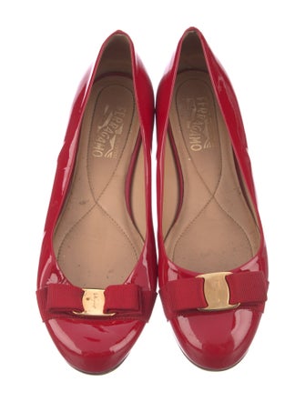 Salvatore Ferragamo Patent Leather Bow Accents Ballet Flats