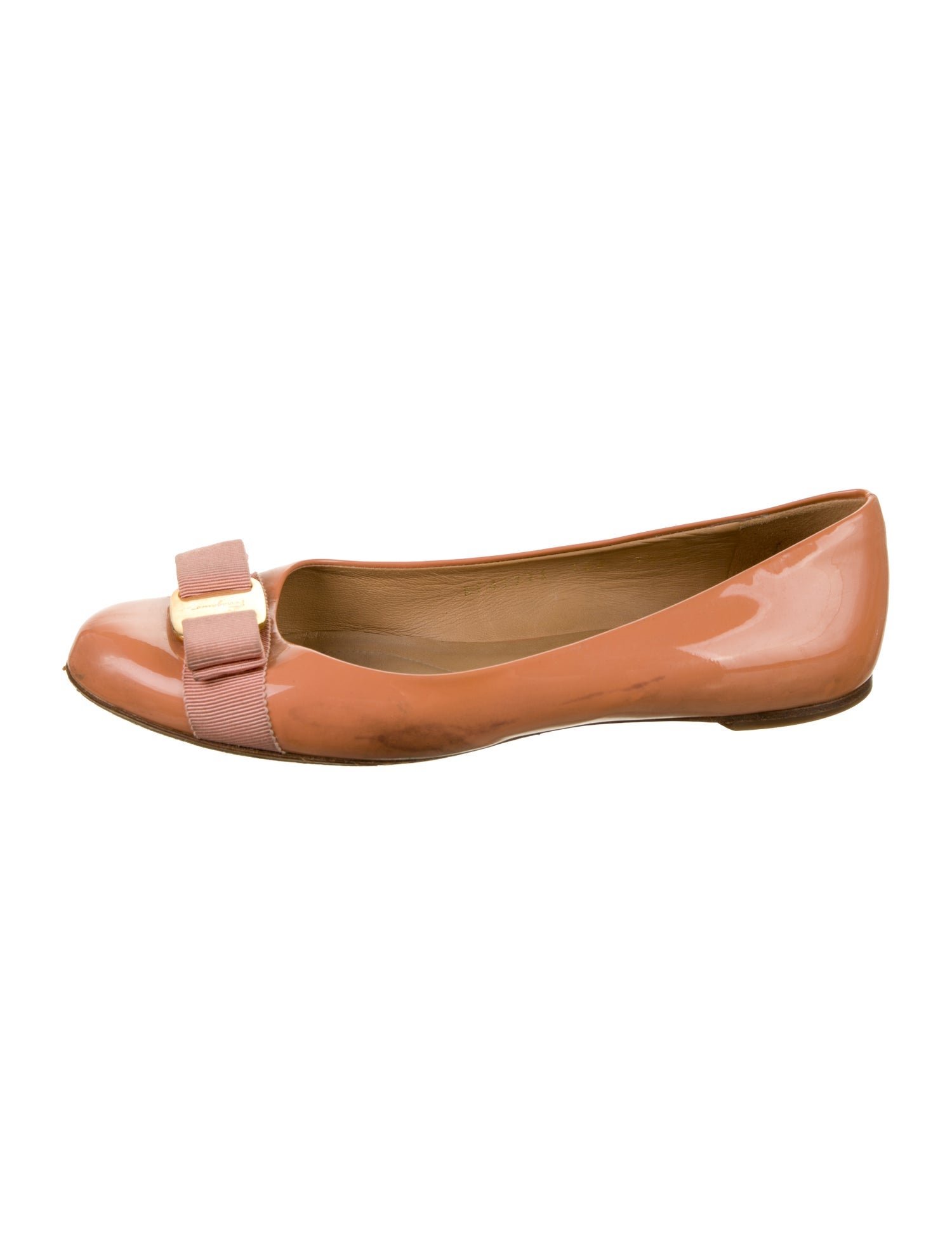 Salvatore Ferragamo Patent Leather Bow Accents Ballet Flats