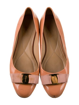 Salvatore Ferragamo Patent Leather Bow Accents Ballet Flats