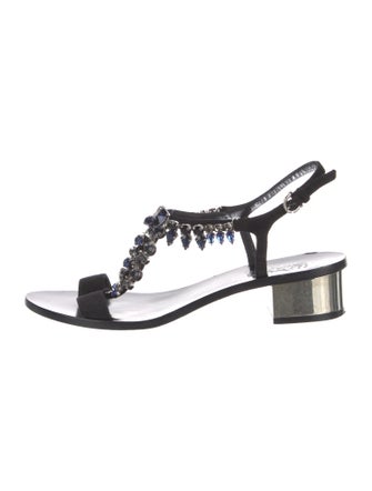Salvatore Ferragamo Suede Crystal Embellishments T-Strap Sandals