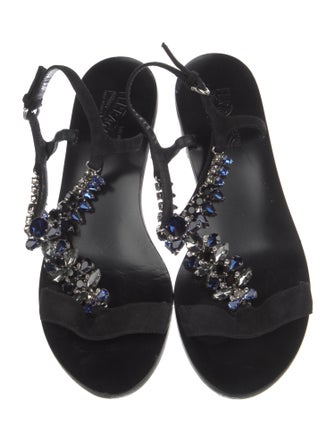 Salvatore Ferragamo Suede Crystal Embellishments T-Strap Sandals