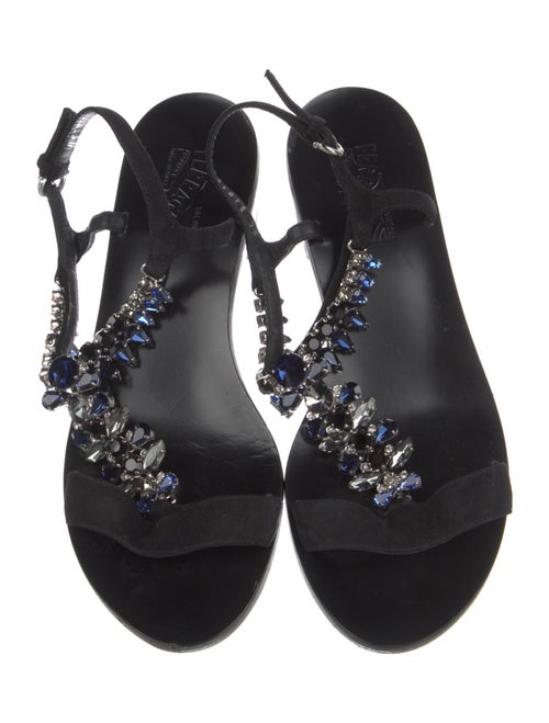 Salvatore Ferragamo Suede Crystal Embellishments T-Strap Sandals