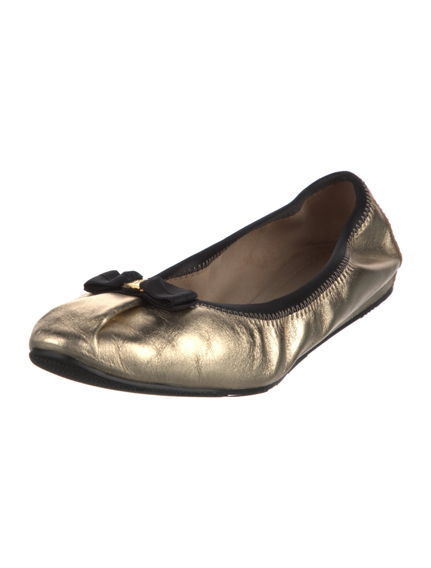 Salvatore Ferragamo Leather Bow Accents Ballet Flats