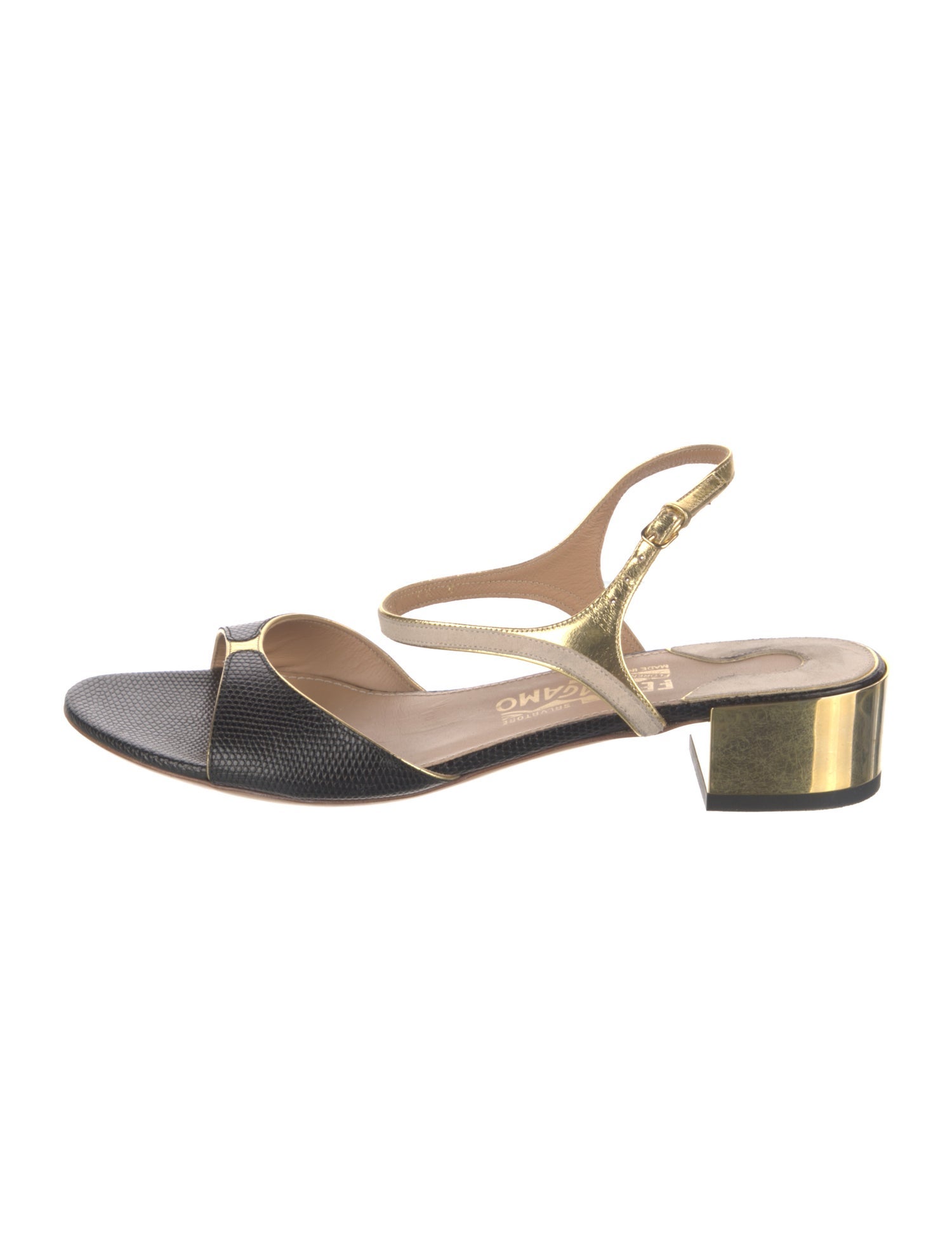 Salvatore Ferragamo Embossed Leather Colorblock Pattern Slingback Sandals