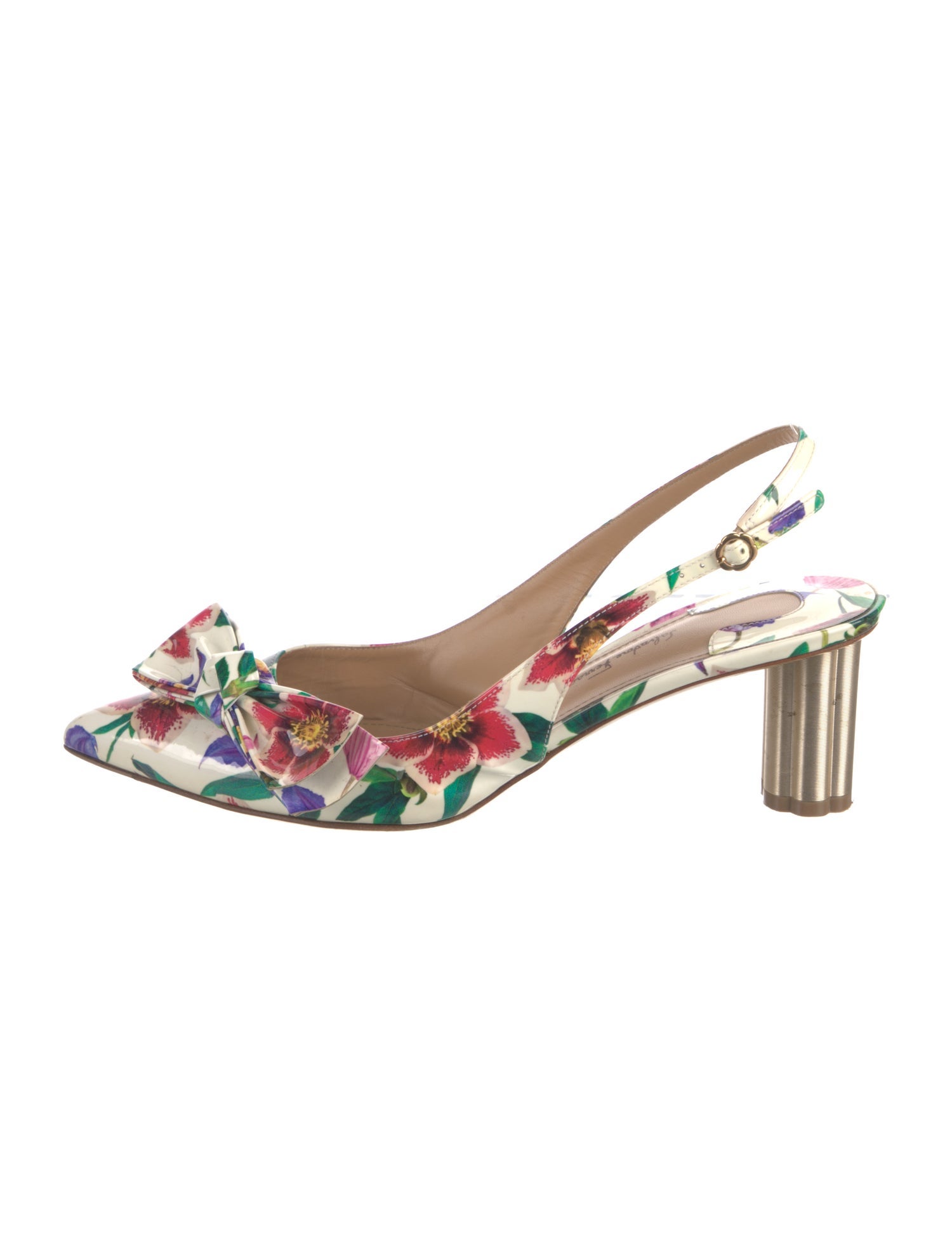Salvatore Ferragamo Patent Leather Floral Print Slingback Pumps