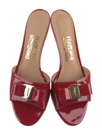 Salvatore Ferragamo Patent Leather Bow Accents Slides