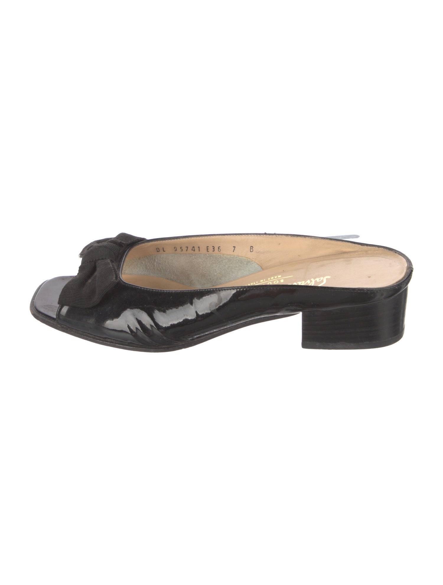 Salvatore Ferragamo Patent Leather Bow Accents Slides