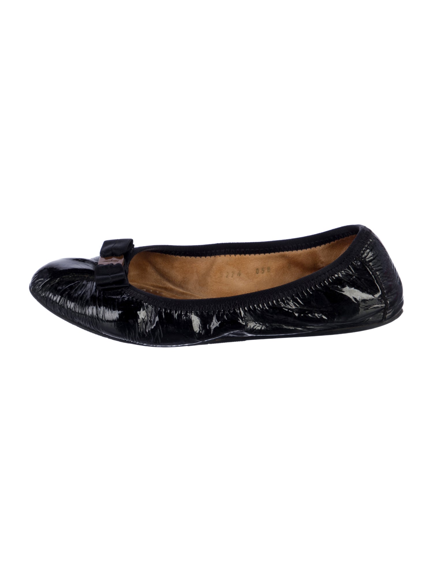 Salvatore Ferragamo Patent Leather Bow Accents Ballet Flats