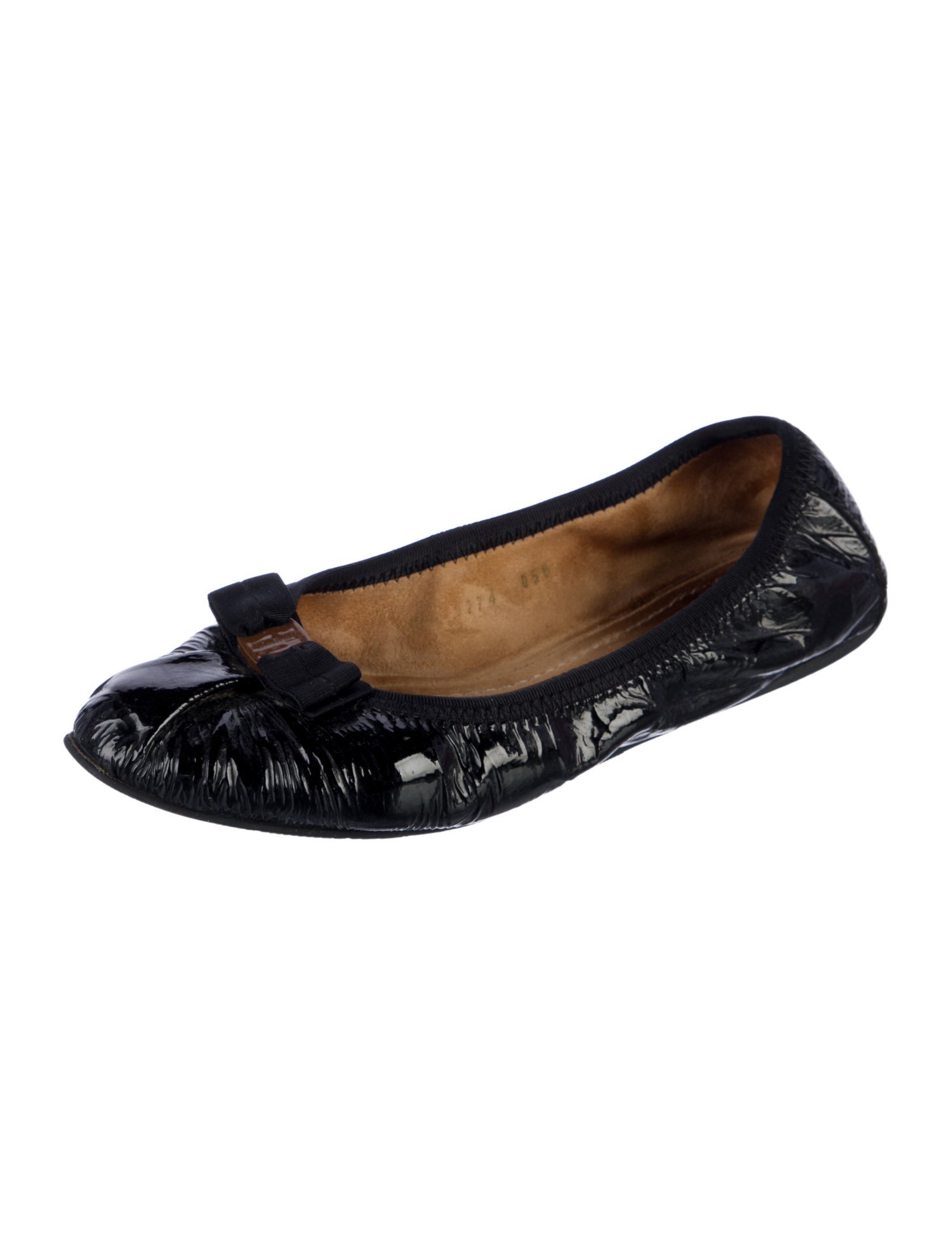 Salvatore Ferragamo Patent Leather Bow Accents Ballet Flats