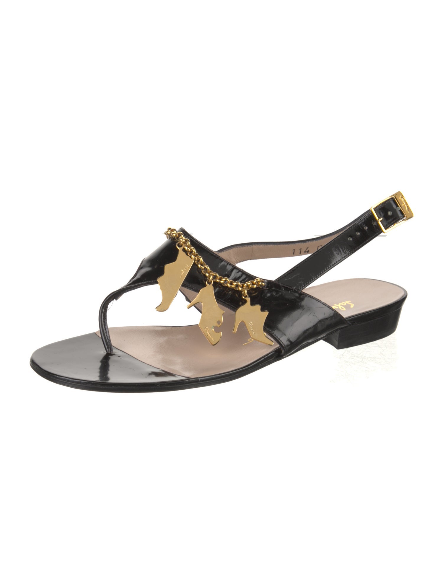 Salvatore Ferragamo Patent Leather Chain-Link Accents Slingback Sandals