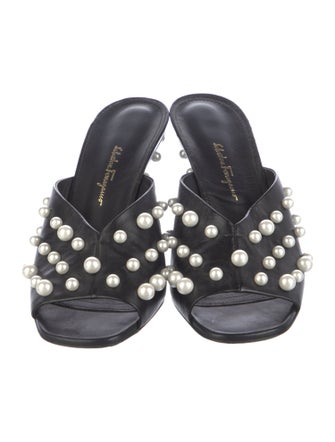 Salvatore Ferragamo Faux Pearl Accents Leather Slides