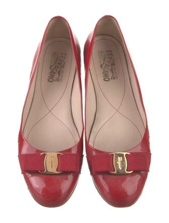 Salvatore Ferragamo Patent Leather Bow Accents Ballet Flats