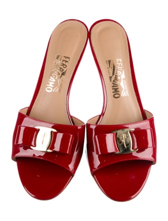 Salvatore Ferragamo Patent Leather Bow Accents Slides