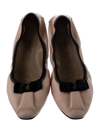 Salvatore Ferragamo Leather Bow Accents Ballet Flats
