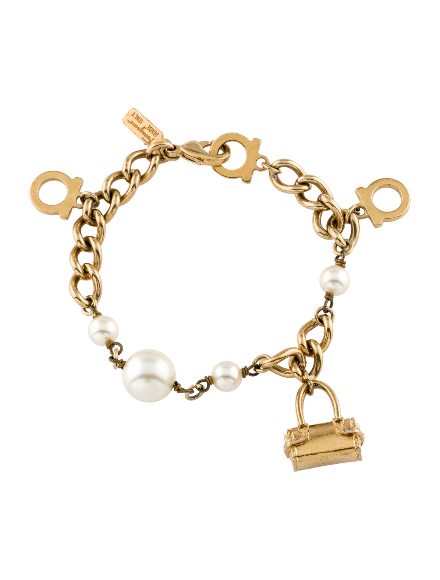 Salvatore Ferragamo Faux Pearl and Purse Charm Bracelet
