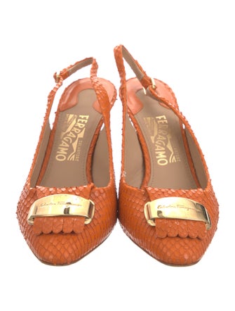 Salvatore Ferragamo Snakeskin Fringe Trim Accent Slingback Pumps