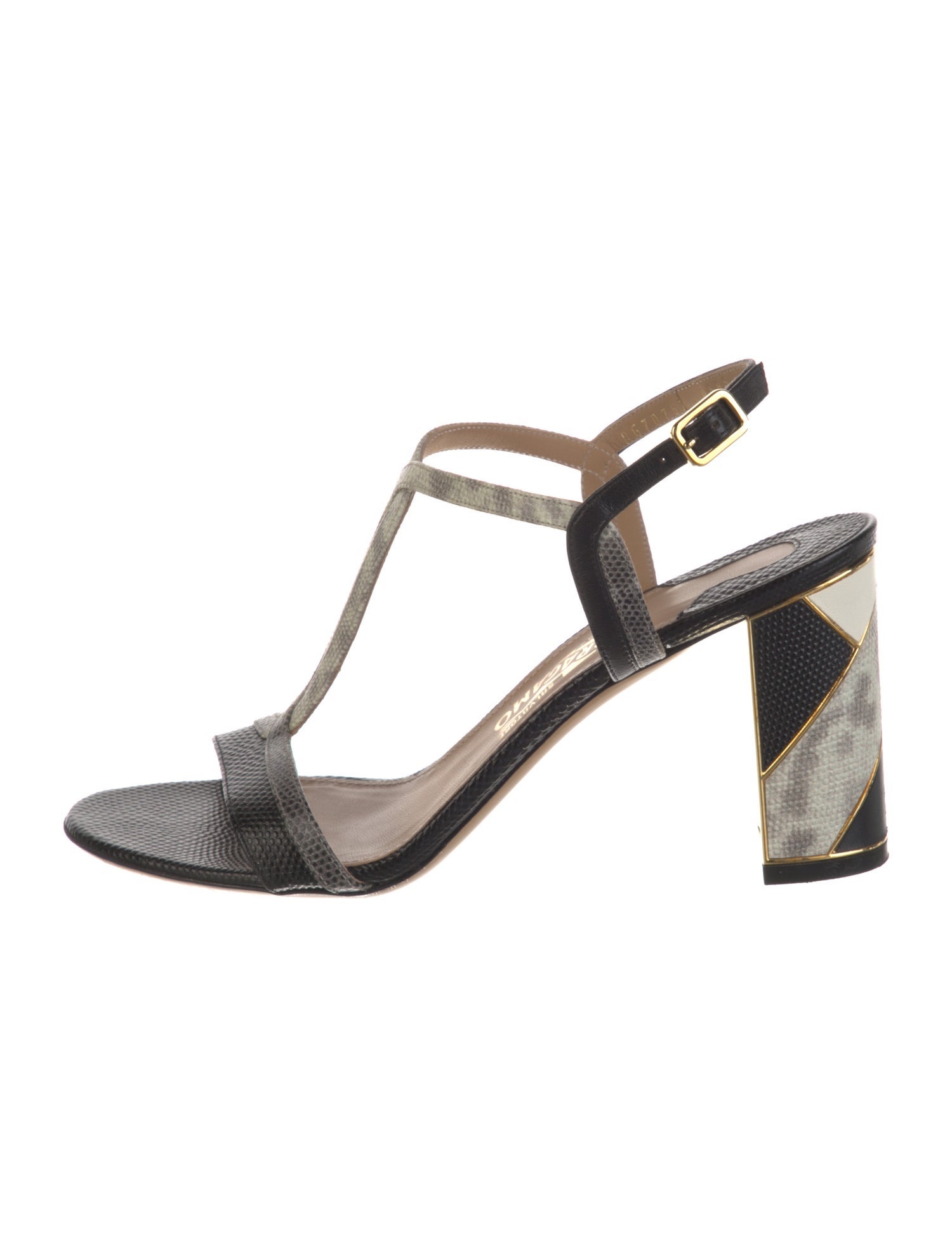 Salvatore Ferragamo Lizard Leather Trim Embellishment T-Strap Sandals